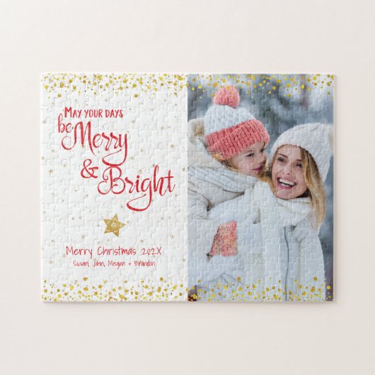 Foto Kerst vrolijk script goud glitters rood vakan Legpuzzel (Horizontaal)