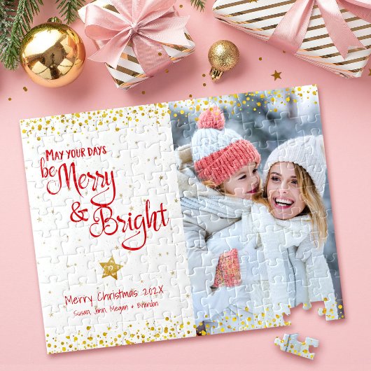 Foto Kerst vrolijk script goud glitters rood vakan Legpuzzel