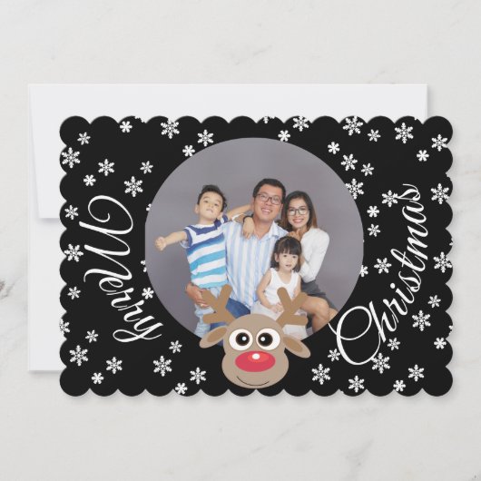 Foto Kerst Zwart Wit Script Schattige rendier Feestdagenkaart (Voorkant)