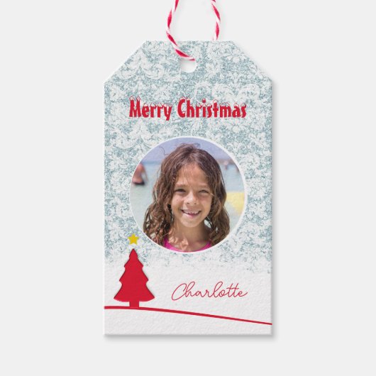 Foto Kerstboom Patroon Aqua Cadeaulabel (Voorkant)
