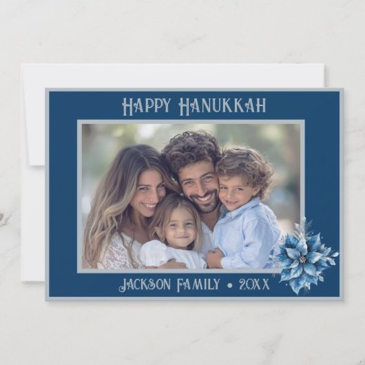 Foto kerstkaart met blauwe poinsettia (Voorkant)