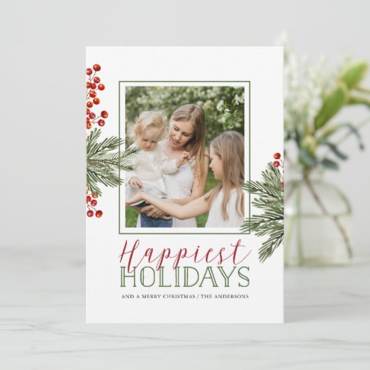 Foto Kerstkaart met varens en hulstbessen Kaart (Staand voorkant)