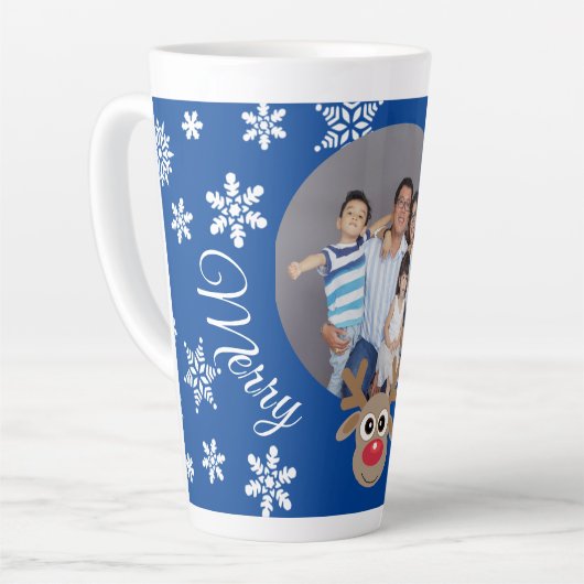 Foto Kerstmis Blauw Schattige rendier Wit Script Latte Mok (Linkerhoek)