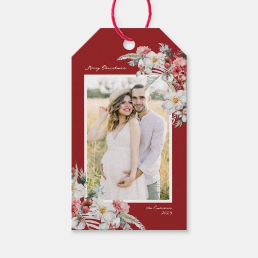 Foto Kerstmis Botanische Gift Label Cadeaulabel (Voorkant)