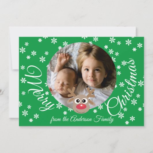 Foto Kerstmis Groen Schattige rendier Wit Script Feestdagenkaart (Voorkant)