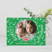 Foto Kerstmis Groen Schattige rendier Wit Script Feestdagenkaart (Staand voorkant)