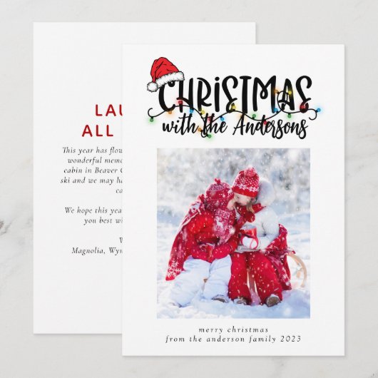 Foto Kerstmis Kaart Santa Hat String Lights (Voorkant / Achterkant)