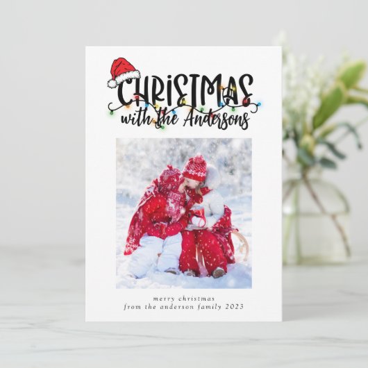 Foto Kerstmis Kaart Santa Hat String Lights (Staand voorkant)