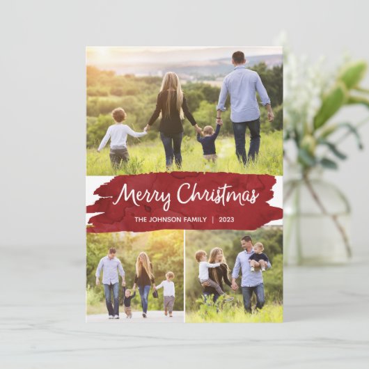 Foto Kerstmis Kaarten met Drie Afbeeldingen, Rood (Staand voorkant)