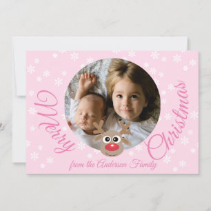 Foto Kerstmis Meisje Roze Schattige Rendier Script Feestdagenkaart