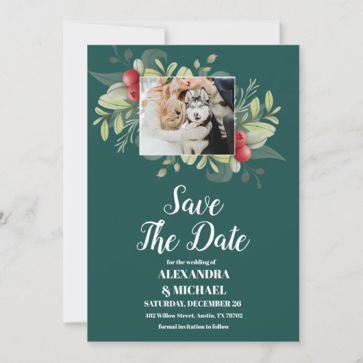 Foto Kerstmis Winter groen bruiloft Save The Date (Voorkant)