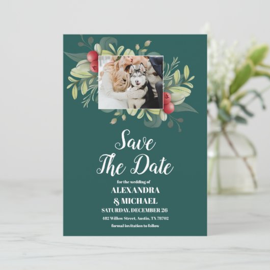 Foto Kerstmis Winter groen bruiloft Save The Date (Staand voorkant)