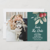 Foto Kerstmis Winter groen bruiloft Save The Date (Voorkant)