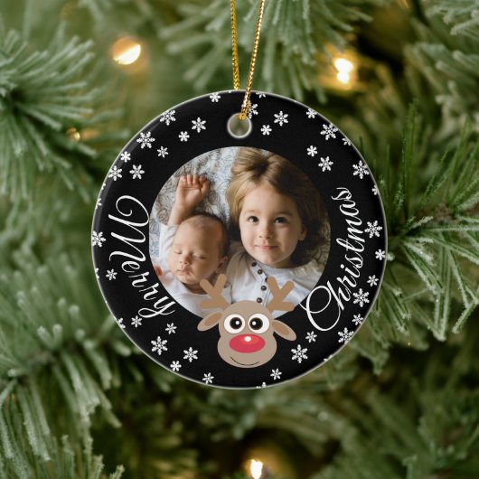 Foto Kerstmis Zwart Schattige rendier Wit Script Keramisch Ornament (Boom)