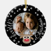Foto Kerstmis Zwart Schattige rendier Wit Script Keramisch Ornament (Voorkant)