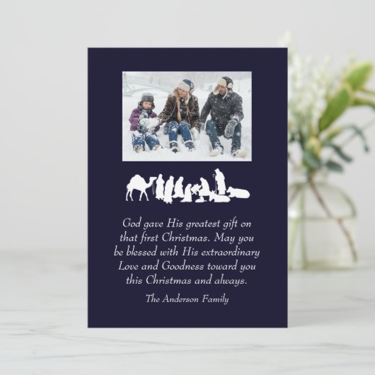 Foto Kerststal Bijbelvers Kerstmis Christelijk Feestdagenkaart (Staand voorkant)