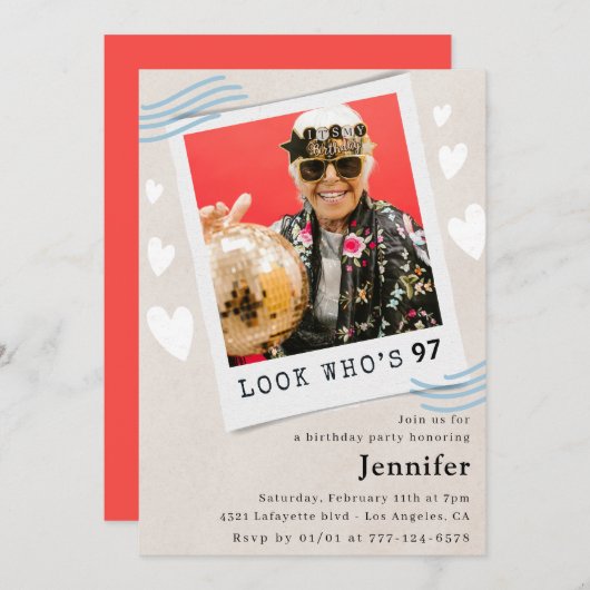 Foto Kijk wie 97e verjaardag wordt Uitnodiging (Voorkant / Achterkant)