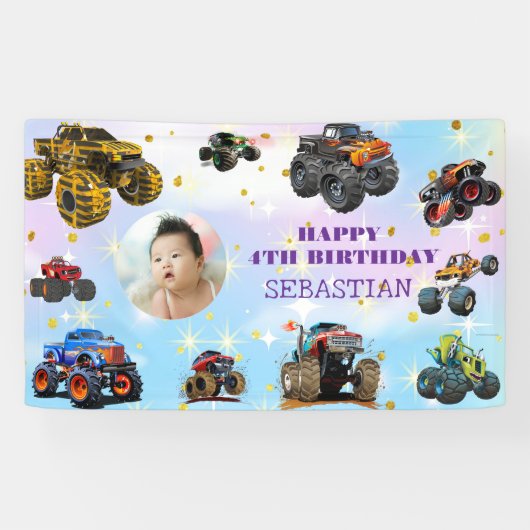 Foto Kinder Monster Trucks Boy Verjaardagsfeest Spandoek (Horizontaal)