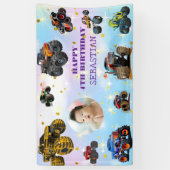 Foto Kinder Monster Trucks Boy Verjaardagsfeest Spandoek (Verticaal)
