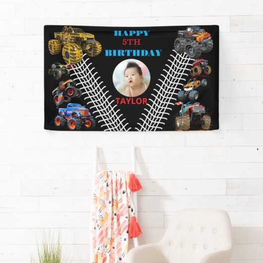 Foto Kinder Monster Trucks Boy Verjaardagsfeest Spandoek (Insitu)
