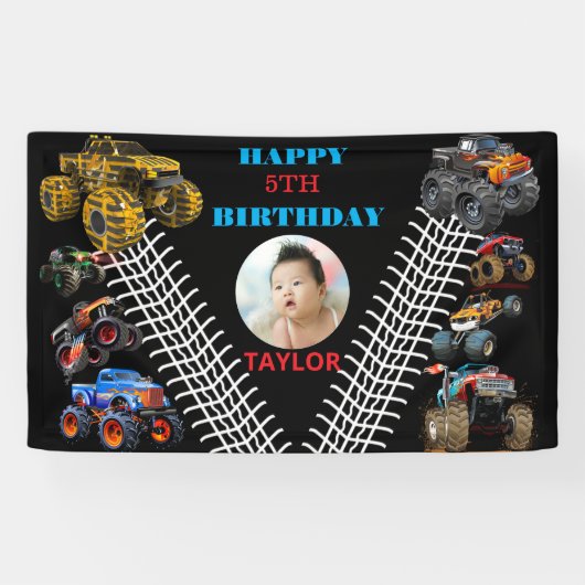 Foto Kinder Monster Trucks Boy Verjaardagsfeest Spandoek (Horizontaal)