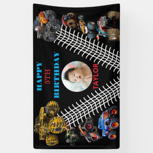 Foto Kinder Monster Trucks Boy Verjaardagsfeest Spandoek (Verticaal)