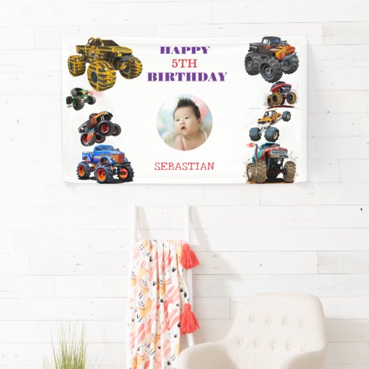 Foto Kinder Monster Trucks Boy Verjaardagsfeest Spandoek (Insitu)