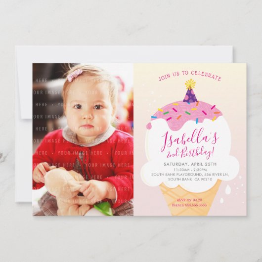 FOTO KINDER PARTIJ UITNODIGEN retro-ijskegel roze Kaart (Voorkant)