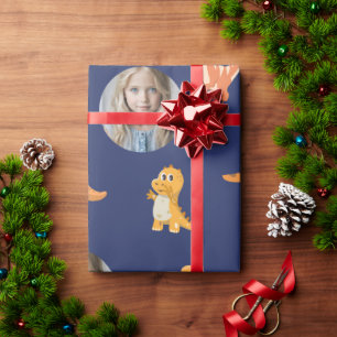 Foto-Klaar Moppige Dino's op Donkerblauw Cadeaupapier