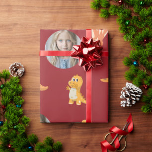 Foto-Klaar Moppige Dino's op Donkerrood Cadeaupapier