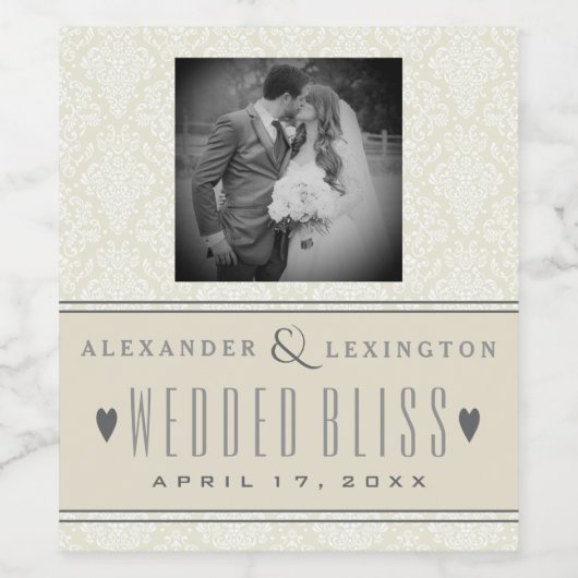 Foto Klassieke Elegante Damask Bruiloft Wijn Etiket (Enkel label)