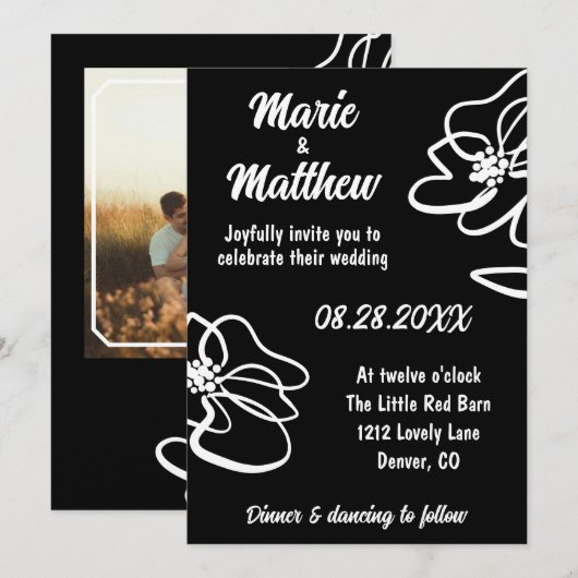 Foto Klassieke Gotische Black Floral Sketch Weddin Kaart (Voorkant / Achterkant)