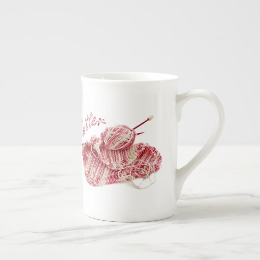 Foto "Knitter" Roze en witte handtas Porselein Kop (Rechts)