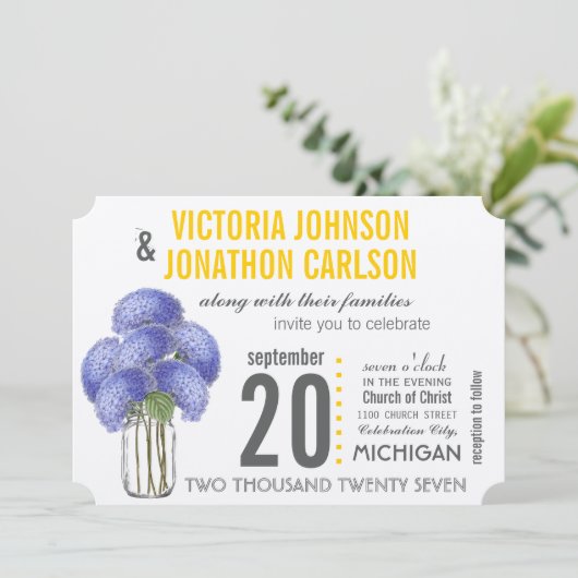 Foto Lavendel Gele Hydrangea Mason Jar Bruiloft Kaart (Staand voorkant)