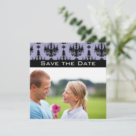 Foto lavender & Black Chandelier Save Date Kaart (Staand voorkant)