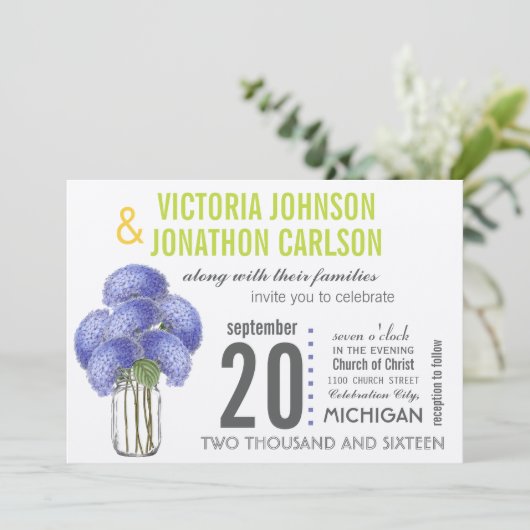 Foto Lavender Limoen Hydrangea Mason Jar Wedding Kaart (Staand voorkant)