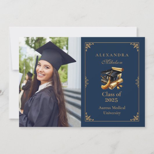 Foto Law School Afstuderen Modern Navy Blue Gold Aankondiging (Voorkant)