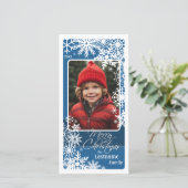 Foto - Let it Snow - blue white snewflakes Feestdagenkaart (Staand voorkant)