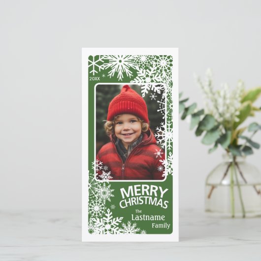 Foto - Let it Snow - groene witte sneeuwvlokken Feestdagenkaart (Staand voorkant)