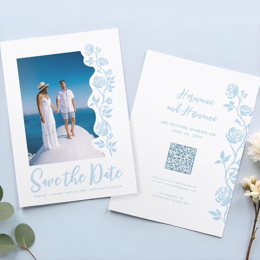 Foto Lichtblauw Hand getrokken Rozen QR Code Websi Save The Date