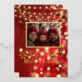 Foto Lichtjes Gouden Sneeuwvlokken Folie Kerstkaa Folie Feestdagenkaart