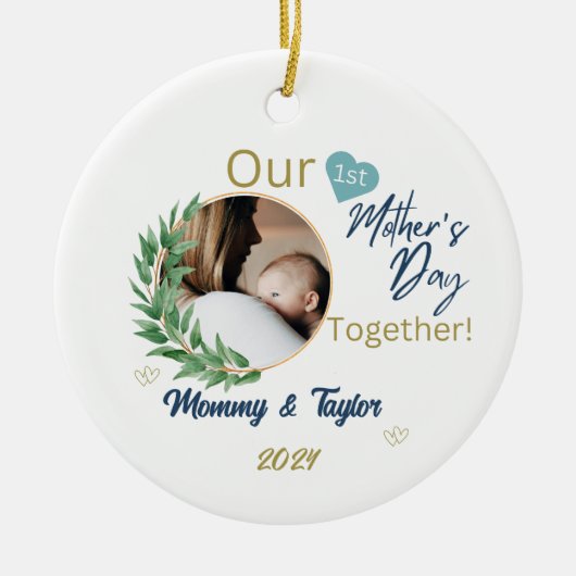 Foto lijst, blauw, Onze Eerste Moederdag Samen Keramisch Ornament (Voorkant)