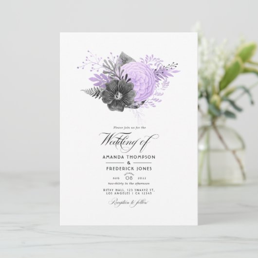 Foto lila en Charcoal Floral Wedding Kaart (Staand voorkant)