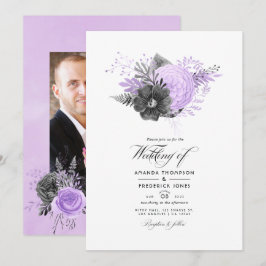 Foto lila en Charcoal Floral Wedding Kaart