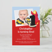 Foto: Little Firefighter Boy First Birthday Party Kaart (Staand voorkant)