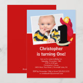 Foto: Little Firefighter Boy First Birthday Party Kaart (Voorkant / Achterkant)