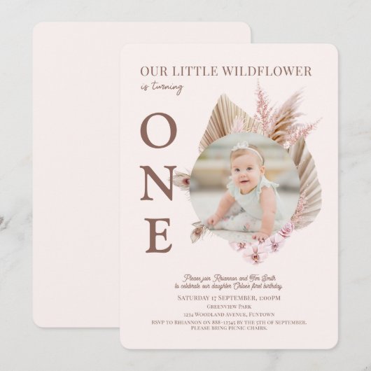 Foto Little Wildflower 1st Birthday Invitation Kaart (Voorkant / Achterkant)