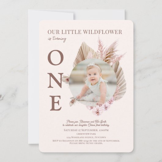 Foto Little Wildflower 1st Birthday Invitation Kaart (Voorkant)
