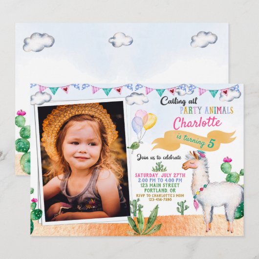 Foto: Llama verjaardaguitnodiging Alpaca uitnodigi Kaart (Voorkant / Achterkant)