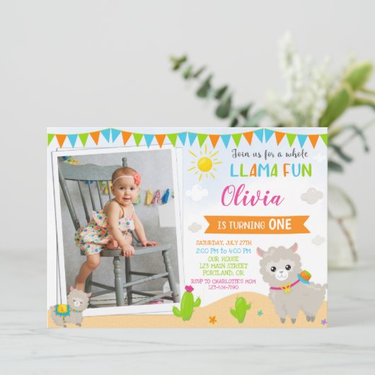 Foto: Llama verjaardaguitnodiging Alpaca uitnodigi Kaart (Staand voorkant)